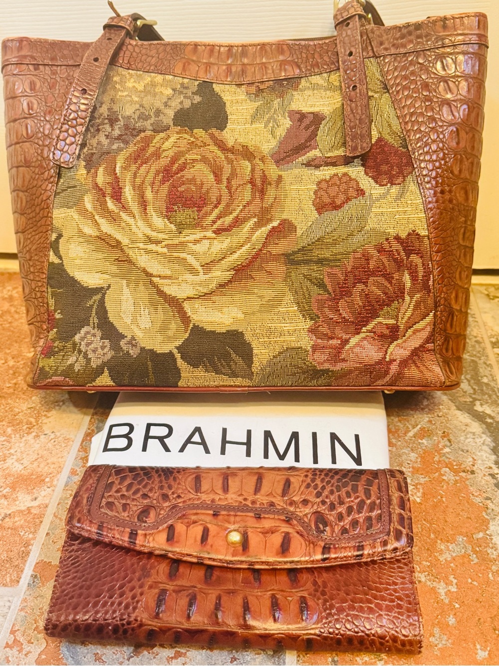 Vintage Gorgeous Brahmin Brown Croc-Trim Floral Tapestry Tote & Wallet Set